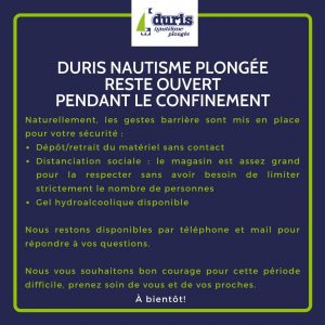 Lire la suite à propos de l’article Duris Nautisme Plongée reste ouvert pendant le confinement